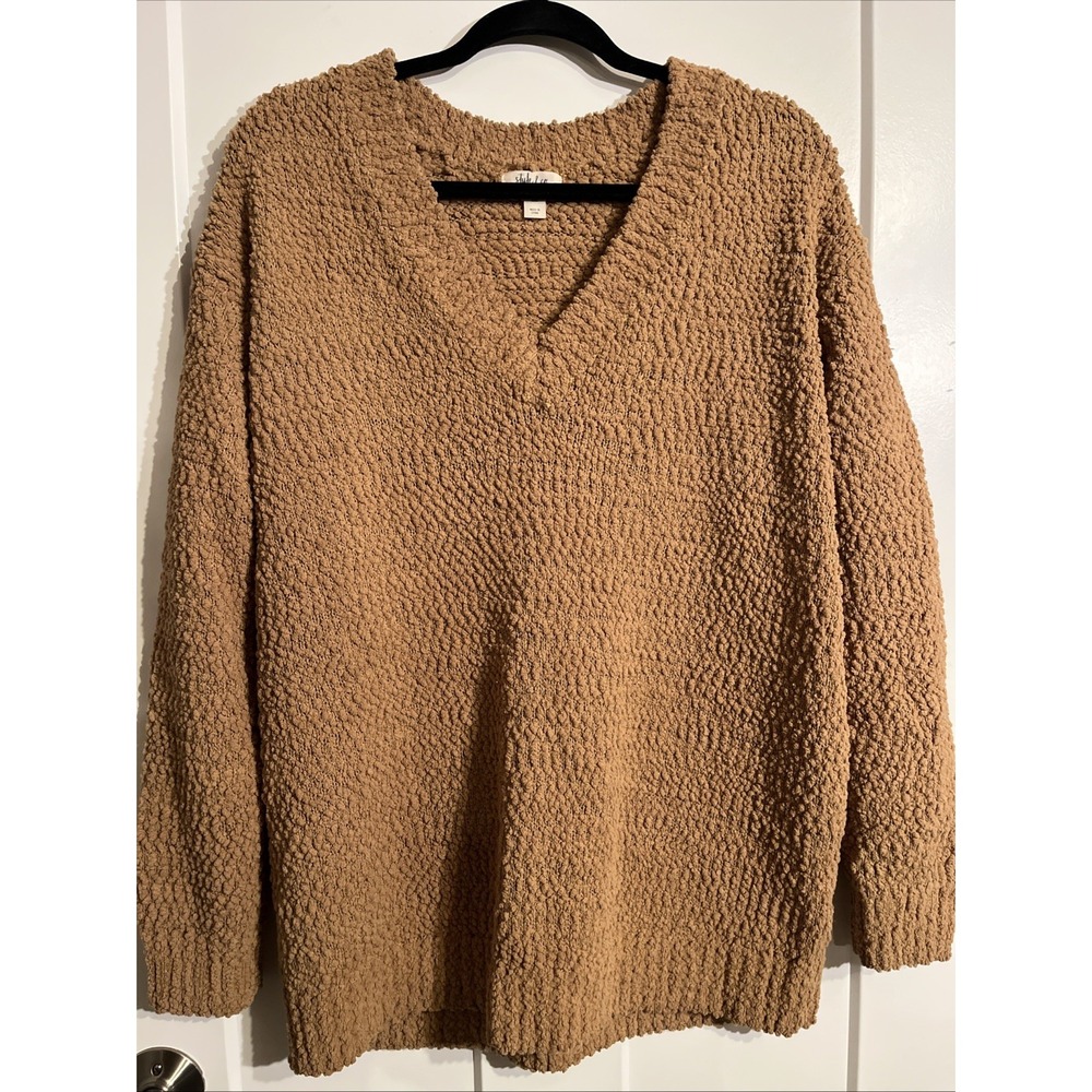 Style & Co Women V-neck Popcorn Sweater XXL Light Brown Pullover Cozy Knit